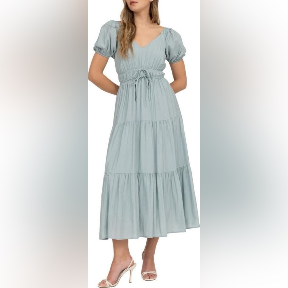 NWOT Puff Sleeved Blue Tiered Midi Dress - Large